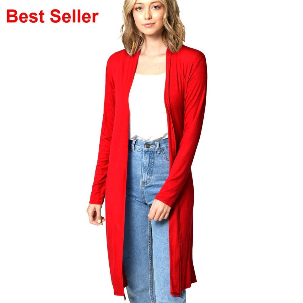 Long Sleeve Open Front Drape Cardigan Duster - Rayon Jersey Lightweight
